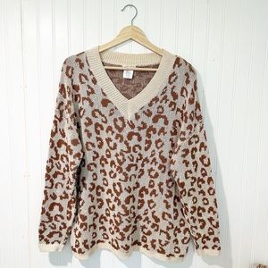 Main Strip Brown Leopard Print V Neck Sweater - LARGE